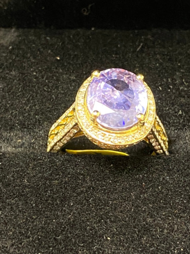 14ct Yellow Gold Purple Sapphire (4.9ct) with Cluster Diamonds Dress Ring. Size M. RRP £4950.