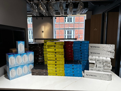 Large Quantity of Nespresso/Coffee Machine Consumables to Include: 21 x Boxes of Descaling Agent NDA-16, 29 x Brita AquaAroma Crema Water Filter Cartridges, Approx 60 x Boxes of 50 Assorted Coffee Machine Pods & 4 x Jars of Loose (Finezzo/Guatemala/Decaff