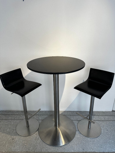 Set of 2 Lapalma Black Leather Height Adjustable Stools on Brushed Metal Base with Black Marble Topped High Table on Brushed Metal Base (Size H110cm x Dia 70cm).