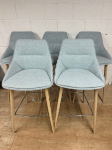 Set of 5 x Brunner Ray Soft 9643 Light Green/Blue Fabric High Stools on Ash Hardwood Legs with Chrome Footrest. Size H108cm.