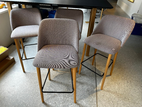 4 x High Back Lounge Stools in Fabric with Wooden Legs & Black Metal Footrest.