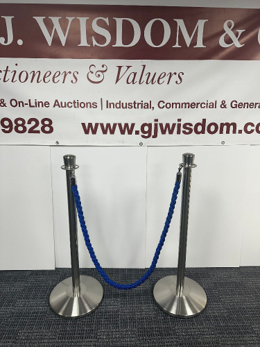 Pair of 2 Stainless Steel Barriers with Blue Velvet Rope.