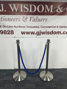 Pair of 2 Stainless Steel Barriers with Blue Velvet Rope.