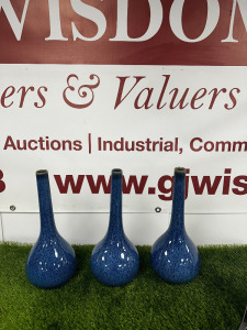 3 x Blue Ceramic Long Neck Vases.