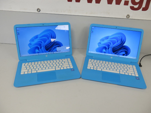 2 x HP 14" Stream Laptop, Running Windows 11 Home, Intel Celeron N3060 @ 1.60Ghz, 4.00GB RAM, 28.2GB HDD. Comes with 1 x Power Supply. NOTE: 1 x laptop requires battery.