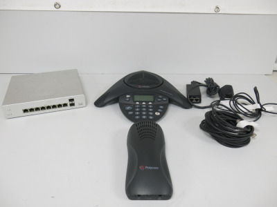 1 x Polycom Sound Station 2, 1 x Polycom Universal Module & 1 x Cisco Meraki MS220-8P 8 Port Gigabit Compact Switch.