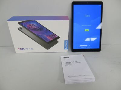 Lenovo Tablet M8 Portable Tablet Computer, Model TB-8505X, 2G & 32GB, Iron Grey. Comes in Original Box with Power Supply and Quick Start Guide. NOTE: small crack to screen