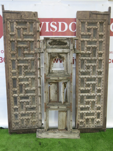 Pair of Antique Indian Teak Carved Wooden Doors with Metal Stud Detail, Size H220 x W60 & 1 x Antique Carved Window Sill with Metal Detail, Size H175 x W50cm.