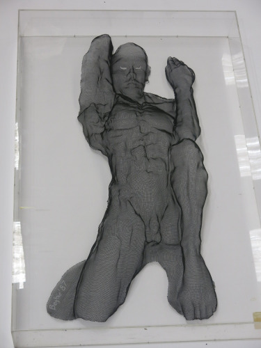 David Begbie (1955 - Current) Hand Sculpted Contemporary Figurative Art of a Kneeling Male Torso Wire Sculpture. Signed by Artist & Dated 87 in Perspex Case. Size H153 x W102 x D19cm. Special Notice: Artist's Resale Right ("Droit de Suite"). If the Artis