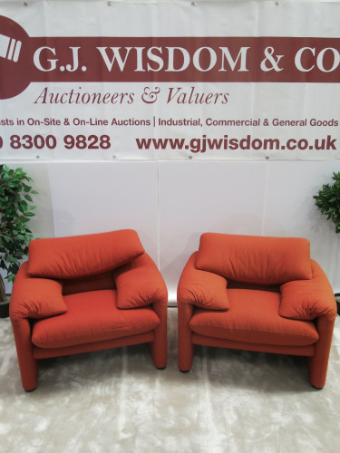 Pair of Maralunga Cassina Armchair by Vico Magistretti, ID Number J7314/30/675/01U, Upholstered in Red Textile.