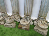 4 x Antique Wooden Indian Teak Highly Carved Pillars with Wooden Flower Tops & Concrete Bases. Size H240 x W26cm.