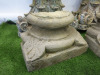 4 x Antique Wooden Indian Teak Highly Carved Pillars with Wooden Flower Tops & Concrete Bases. Size H240 x W26cm. - 2