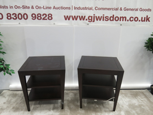 Pair of Matching Heavy Dark Wood Side Tables with 2 Shelves Under, Size H67 x W61 x D61cm. NOTE: condition as viewed/pictured.