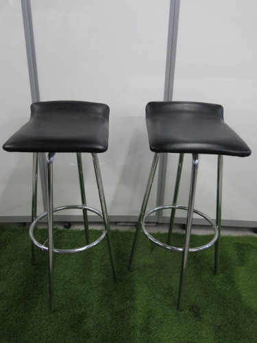 2 x Chrome Framed High Stools with Black Faux Leather Swivel Seats.