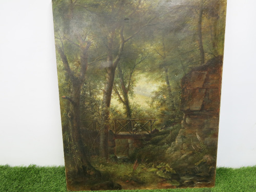 Oil on Canvas Bridge in a Glade Scene, Unframed, Signed by the Artist, Size 57 x 70cm. Note 2 Small Holes to Canvas and 1 Previous Repair.