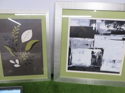 2 x Framed & Glazed Prints, 1 of Leaves the other of Geometric Shapes. Sizes 65 x 86cm & 95 x 95cm.