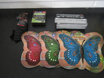 10 x Misc Items to Include: 4 x Tin Butterfly's, 3 x Coat Hooks, 1 Magic Pebbles & 2 Pairs New Socks.