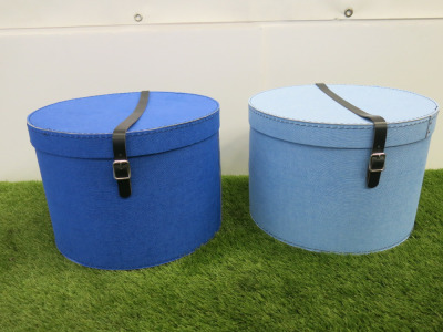 2 x Large Hat Boxes in Dark & Light Blue with Leather Strap, Size H26 x Dia 37cm.