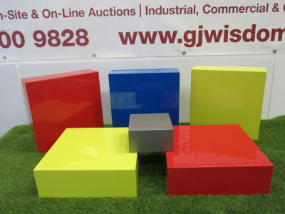 5 x Highly Polished Point of Sale Square Boxes to Include: 2 x Red, 2 x Yellow & 1 x Blue , Size H12 x W38 x D38cm & 1 x Grey Box.