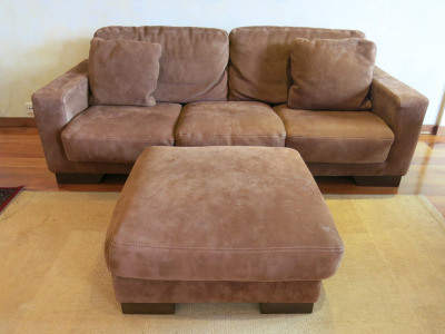 Casa Nova Brown Suede 2 Seater Sofa with Matching Pouffe. Size H86 x W223 x D97cm.