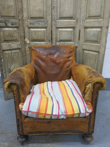 Original Antique Lounge Chair in Brown Tan Leather, Hopsack & Horse Hair with Stud Detail & Striped Cushion Seat in Very Distressed Condition.