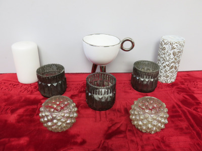 8 x Assorted Candle Items to Include: 5 x India Jane Glass Tealight Holders, 2 x Candles & 1 x Ceramic Teacup Pot on Tri Legs.