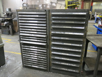 2 x Metal Draw Cabinets to Include: 23 Draw & 12 Draw with Contents of Assorted Parts, Consumables & Tooling (As Viewed).