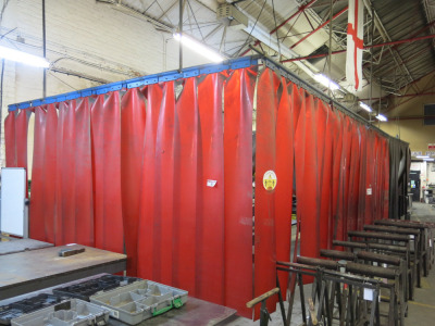 **WITHDRAWN** 85 x Plastic Welding Strip Curtains on Rail in Brown & Red. Individual Curtain Size 200 x 30cm. NOTE: buyer to dismantle.