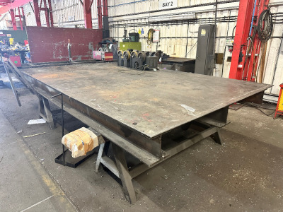 Large Bespoke Made Metal Working/Welding Station Table on 2 Large Trestles with RSJ Supports & Steel Top. Size 410cm x 220cm.