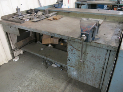 Metal Workshop Bench with Vice & Cupboard Under & Draw. Size H83 x W183 x D77cm.