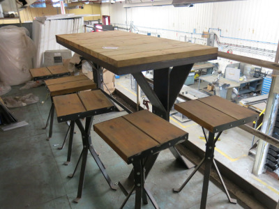 **WITHDRAWN** Bespoke Made Heavy Metal Table with Pine Wooden Top & 5 Matching Stools Chairs. H112 x W185 x D85cm.