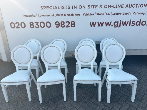 8 x White Wood Oval Backed Chairs with Stud Detail.