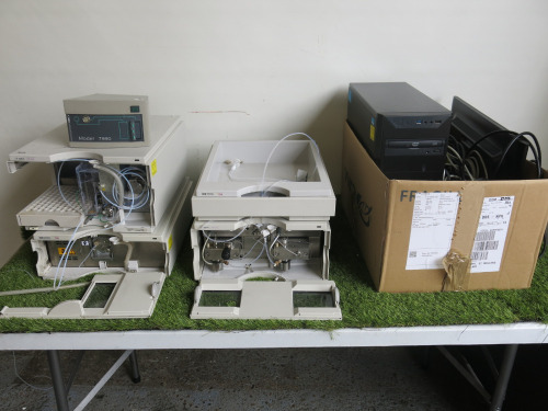 HP Agilent, Analytical HPLC System, HP 1100 Series Consisting of: Binary Pump, Auto Sampler & UV Detector with Chemstation Software on Antec Power PC & HP 20" Monitor. Also Includes Jones Chromatography Model 7990.