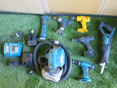 Assorted Quanitity of Power Tools, Chargers & Batteries to Include: 2 x Makita Drills, 1 x DeWalt Drill, 1 x Elu Drill, 1 x Makita Hand Saw, 1 x Makita Torch, 1 x Makita Vacum & 1 x Makita Charger. NOTE: used for spares & repairs.