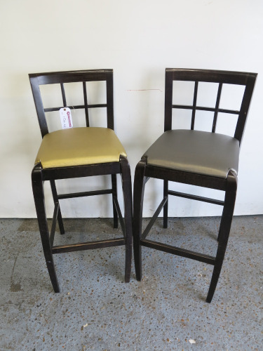 2 x High Stalls in Dark Wood Upholstered in Gold & Silver Faux Leather.