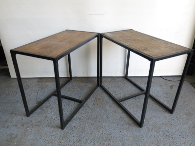 Pair of Harbour Housewares Metal Framed Wood Top Side Tables, Size H75 x W90 x D47cm.