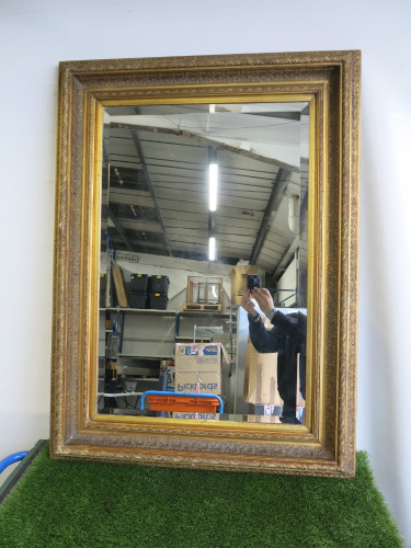 Large Bevel Edged Mirror in Gold Ornate Frame. Size H87 x W120 x D9cm.