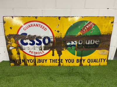 Esso Petrol/Lube Metal and Enamel Advertising Sign "When You Buy These You Buy Quality". Size H92 x W183cm