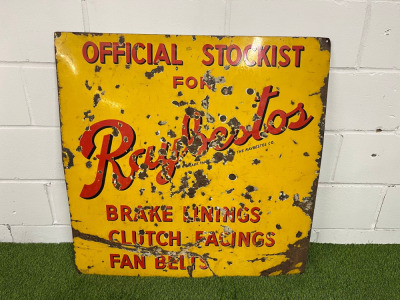 "Official Stockists for Raybestos Brake Linings, Clutch Facings & Fan Belts" Metal and Enamel Advertising Sign. Size H83 x W71cm.