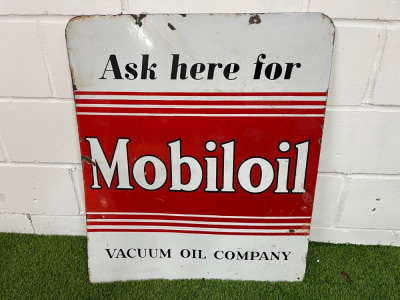 Double Sided "Ask Here for Mobil Oil" Metal & Enamel Advertising Sign. Size H83 x W71cm.