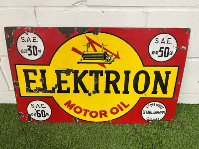 Elektrion Motor Oil Metal & Enamel Advertising Sign. Size H51 x W81cm.