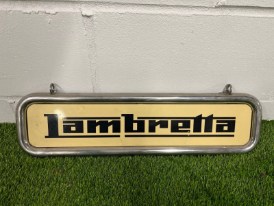 Lambretta Advertising Double Sided Sign with Metal Tubular Surround on Di-Bond. Size H16 x W60cm.