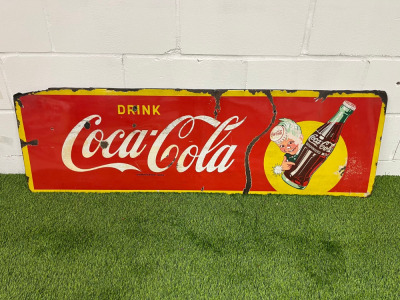 Coca Cola "Gedeponeerd Merk" Metal and Enamel on Board Belgium Advertising Sign. Size H45 x W146cm.