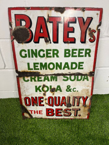 Bateys Ginger Beer, Lemonade, Cream Soda, Kola Metal and Enamel Advertising Sign. Size H77 x W51cm.