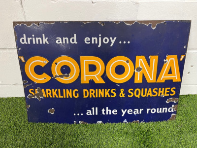 Corona Sparkling Drinks & Squashes "Drink and Enjoy All The year Round" Metal & Enamel Advertising Sign. Size 51 x W76cm.