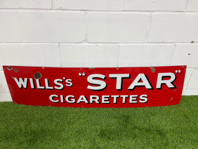 Wills Star Cigarettes Metal and Enamel Advertising Sign. Size H38 x W150cm.