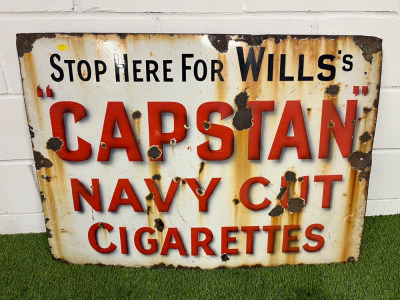 "Stop Here For Wills Capstan Navy Cut Cigarettes" Metal and Enamel Advertising Sign. Size H76 x W107cm.