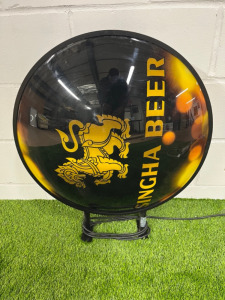 Singha Beer Double Sided Illuminated Advertising Sign with Wall Bracket. Size DIA 65cm.