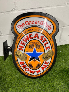 Newcastle Brown Ale Double Sided Illuminated Advertising Sign with Wall Bracket. Size H60 x W40cm.