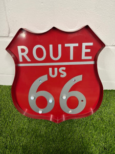 Route 66 Tin Metal Battery Operated Illuminated Sign. Size H42 x W44cm.